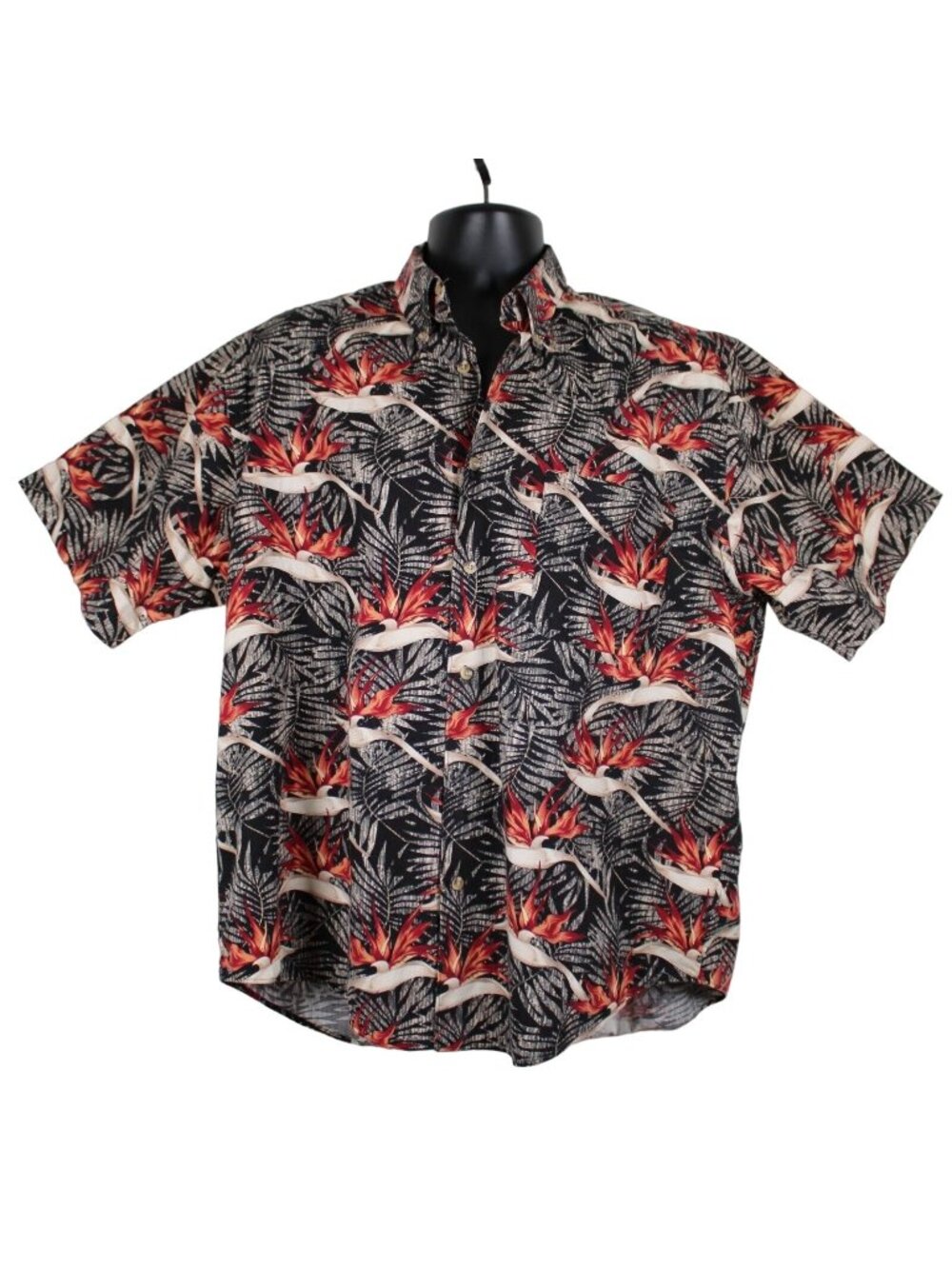Crossings Hawaiian Shirt Button Up Black Mens Lg Bird Of Paradise Palm Branches